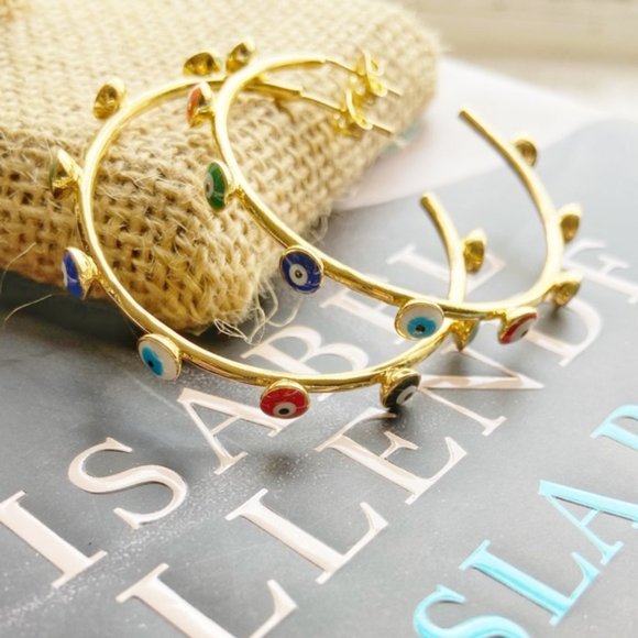 GOLD STATEMENT EYE OF GOD BOHO HOOPS EARRINGS - Picture 2 of 6